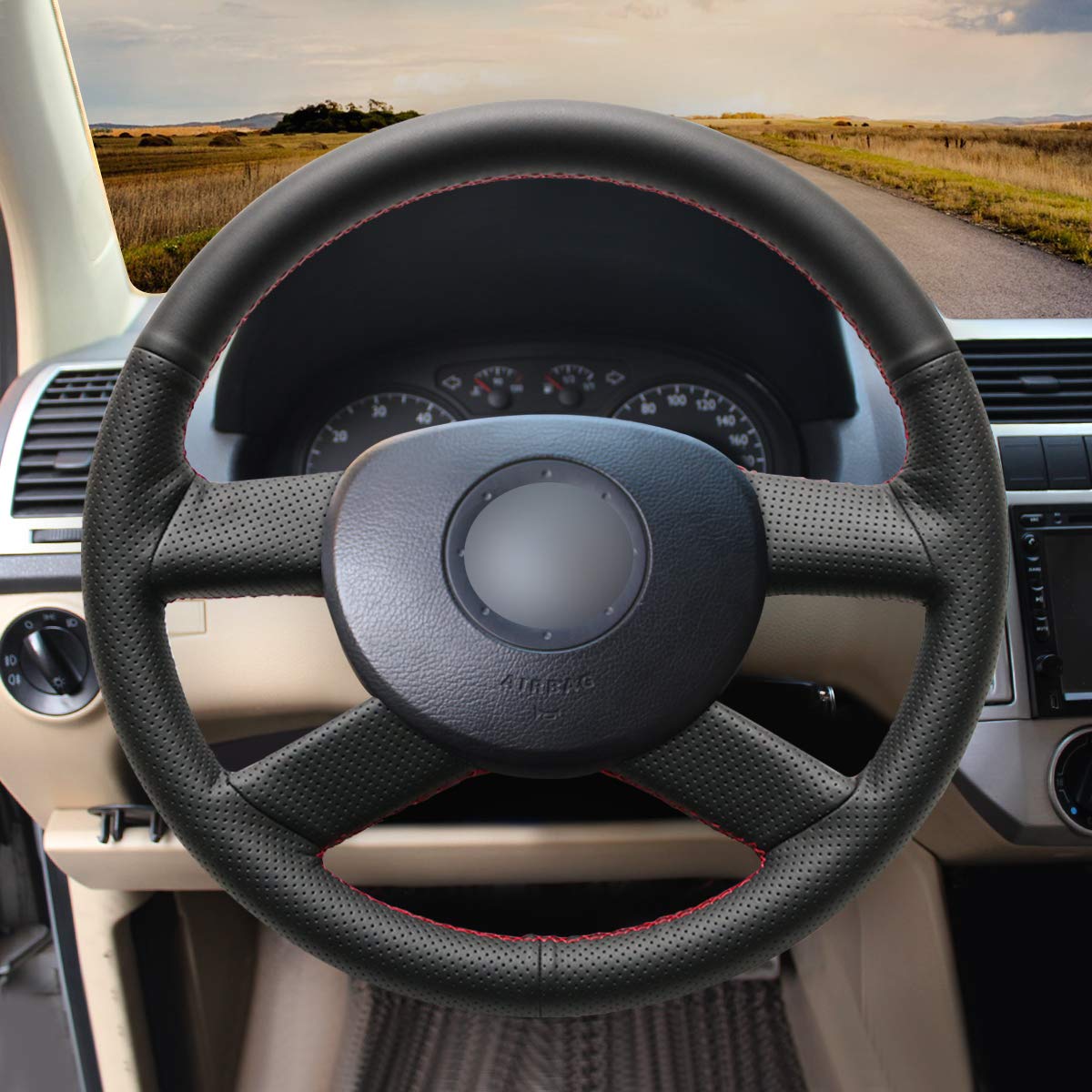 Loncky Auto Custom Fit OEM Black Genuine Leather Steering Wheel Cover for Volkswagen VW Polo